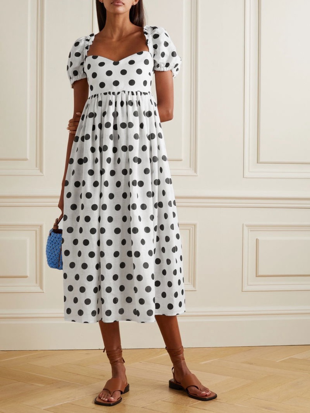 Sleeper Picnic Polka Dot Linen Midi Dress NWT